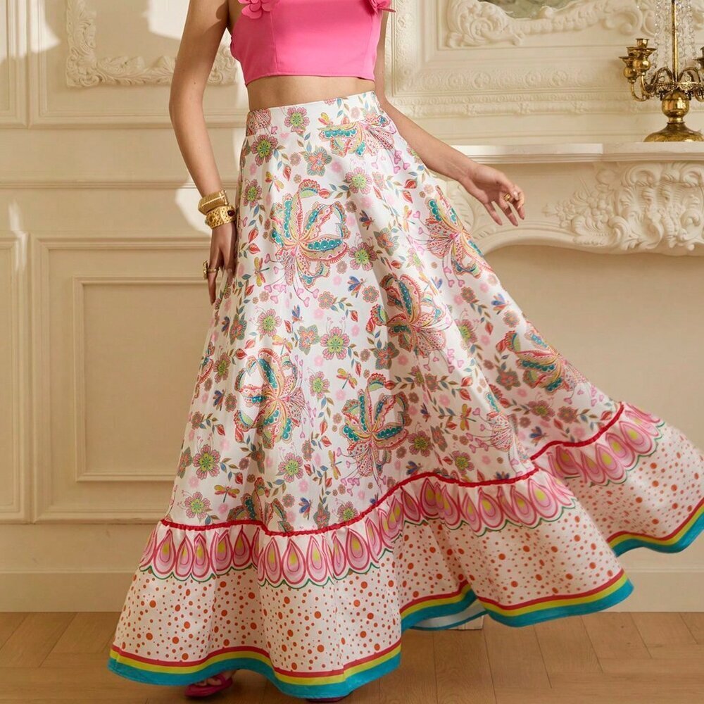 Multicolor Casual Women's Abstract Heart Floral Satin Skirt